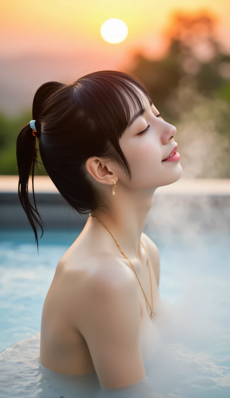 High Quality Hot Spring Magazine Cover,Side angle photo of a beautiful woman wrapped in steam,Figure soaking up to the shoulders, beautiful posture、An elegant hairstyle with black hair tied loosely tied up,Perfect Proportions,soft smile,(not wearing anything)、 beautiful décolletage,White Wet Skin and Hair,no makeup,open your mouth、An expression with an ephemeral sex appeal,An open-air bath with a secluded view of pure white hot water where a beautiful sunset sparkles on the surface of the water,The flashes of the sunset accentuate her silhouette and hair,romantic atmosphere, chiaroscuro,4K Hi-Res,HDR,PROFESSIONAL,realistic,Photorealistic,Precision Detail,Studio Writing,Bokeh,deep color,Refined Colors