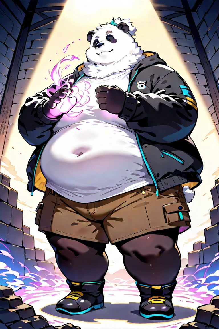 （Cute fat boy），There is a cartoon picture of a panda in a yellow shirt，Humanoid panda，commission for high resolution，High-quality fanart，Detailed doujin art，A high resolution，full body portrait of a short！，fursona art，Boozer and humans merge，low res，Frasona Commission，fursona!!!!,thicc，danbooru and artstation，Panda with knife, Comic cartoon fat panda in tight pose, Soft and thick fluff, Powerful Dionysian body, manbearpig, thicc, Samurai Panda, Fluffy chest hair, Furry personality, moon bear samurai, Strong and charming。