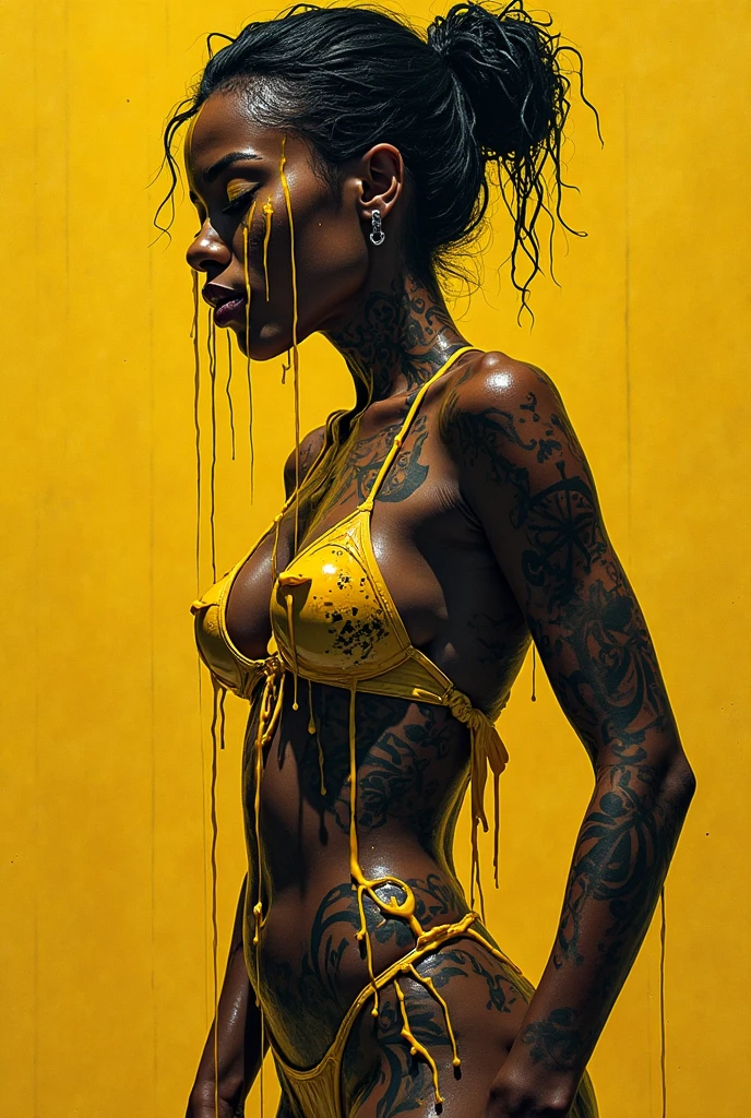 woman in basic clothes holding a banana covered in chocolate, dark environment. 4K resolution captures every detail, play of shadows and light on your skin, portrait.
