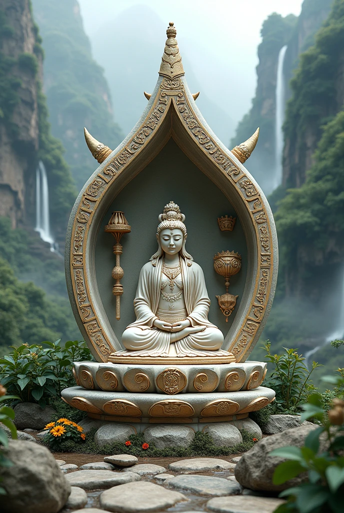 (Guanyin Bodhisattva is meditating in the meditation hall inside the Buddhist temple:1.5). There is a large transparent glass window in the meditation hall, and you can see the sky, mountains, lakes and believers walking on the lakeside path in the distance, Guanyin Bodhisattva, Avalokitesvara, Chinese temples scattered in the forest not far away, waterfall cascading into a lake or stream in the background, mountains and briliant small lake in the background, Lotus in the foreground, Clear and distinct fingers, clear and distinct toes, clear and distinct facial features,jewelry, leaf, lily flower, lily_pad, necklace, plant, solo, chinese temple, path, cherry blossom, sharp focus, the sun's rays, sparkly ripples, wind ripples, hyper hight detailed, real photo, intricate details, perfect composition, beautiful detailed intricate, 8 k photography, photorealistic, masterpiece, Photo-realistic, Image enhancement,Image post-processing,Image retouching