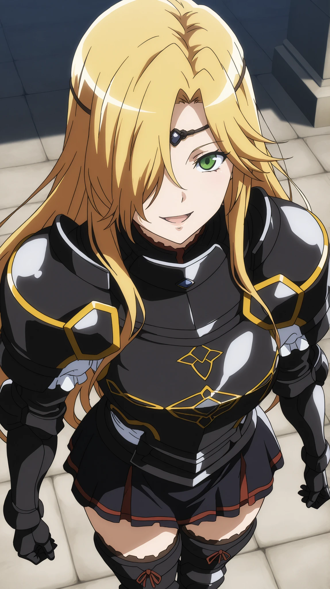 leinas rockbruise, Overlord
High quality , best quality , masterpiece, High Resolution , anatomically correct, anime coloring,
solo, 1 girl, adult, cool woman,
green eyes,blonde hair,long hair,hair over one eye,,,breasts,
, circlet, shoulder_armor, black breastplate, gauntlets, black_skirt, frilled_skirt, miniskirt, groin, black_thighhighs, zettai_ryouiki, armored_boots
, close up , looking at viewer ,upper body,from above
, Expressionless, open mouth,smile,