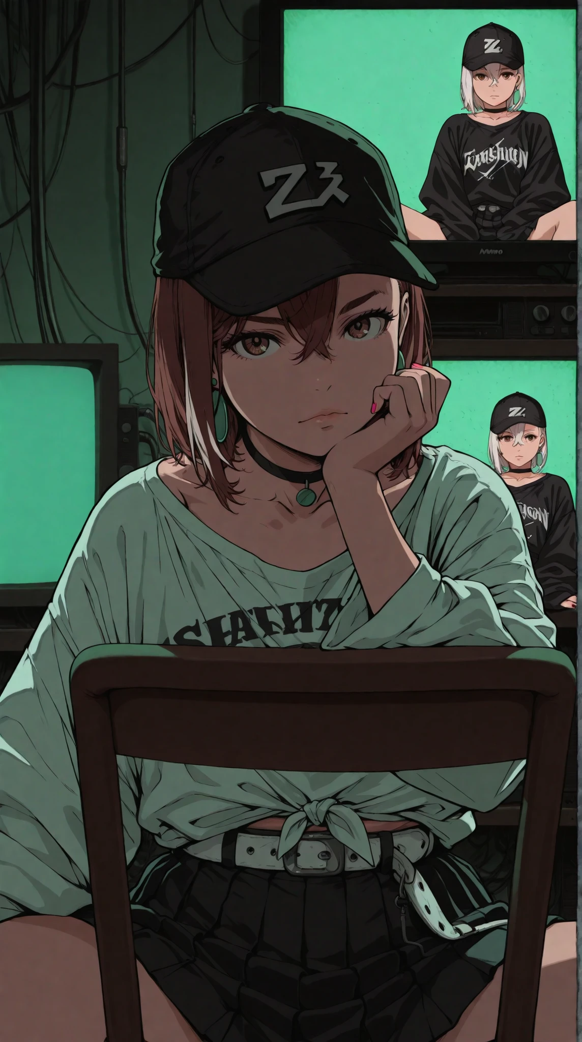 masterpiece, best quality, 1girl, solo,momo ayase (dandadan), brown hair, short hair, hair between eyes, asymmetrical bangs, brown eyes, earrings, black choker white hair, baseball cap, fashion, hat, hat pin, oversized clothes, oversized shirt, streetwear, (cable), screen, television, wire, static, multiple screens, multiple televisions, green theme, sitting backwards, chair, on chair, sitting, spread legs, black skirt, pleated skirt, tied shirt, white belt, collarbone, nail polish, looking at viewer, arm rest, head rest