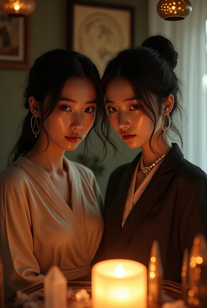 Curved waist,最high quality, masterpiece, High resolution, Two Girls, chinese dresses,Chinese Architect Background, hair ornaments,necklace, jewelry,Beautiful Face,On top of that_body, Tyndall effect,Realistic, Dark studio, Rim Light, Two-tone lighting,(Skin with attention to detail:1.2), 8k uhd, Digital SLR, Soft lighting, high quality, Volumetric lighting, Frank, photograph, High resolution, 4K, 8k, Bokeh,