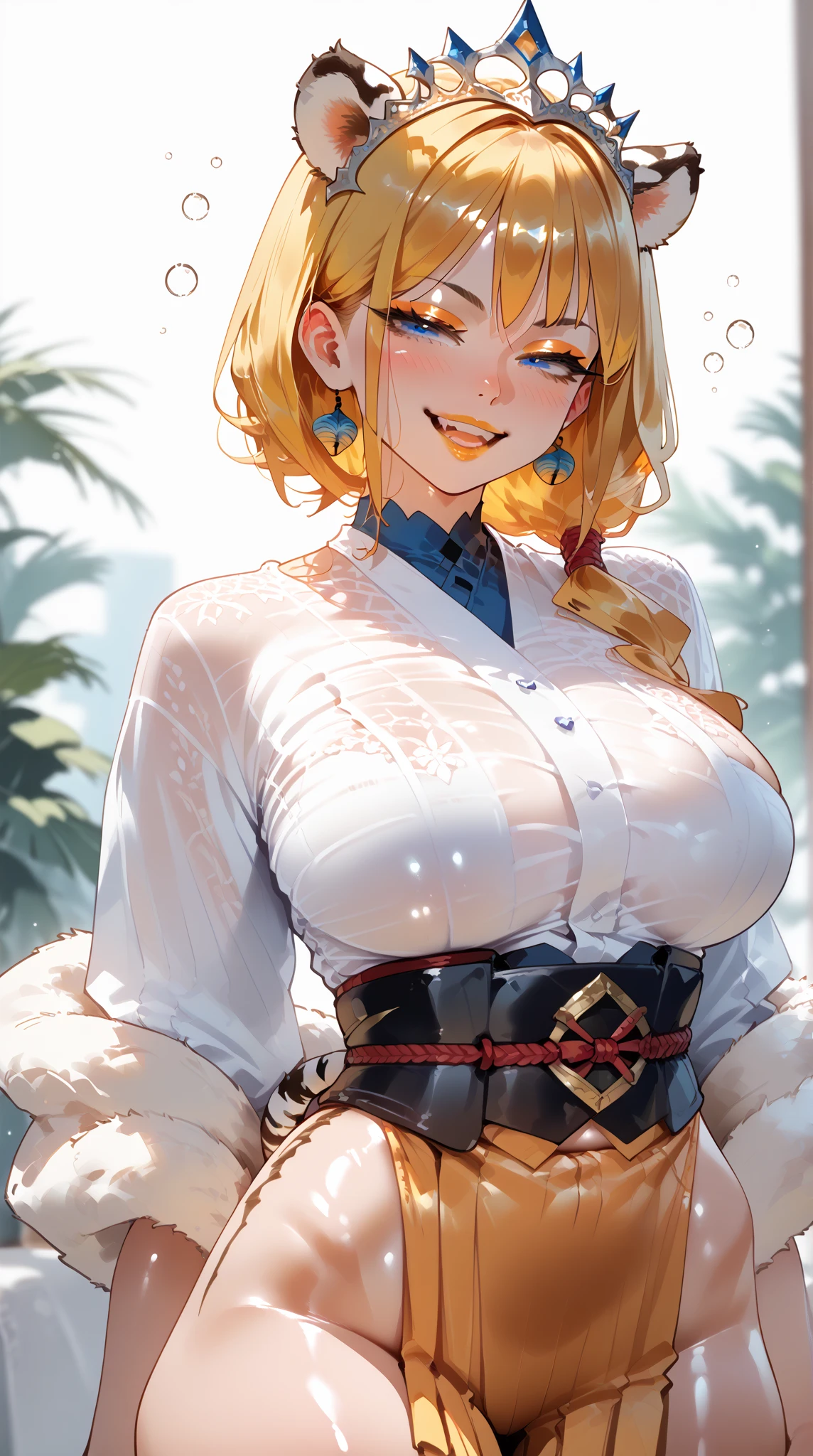 (in 8K、top-quality、masterpiece:1.2)、1人の女性、(Smiling smile:1.1)、beautidful eyes、Valley、The upper part of the body、shorth hair、Like a boy、bob cuts、huge tit、Yellow view、