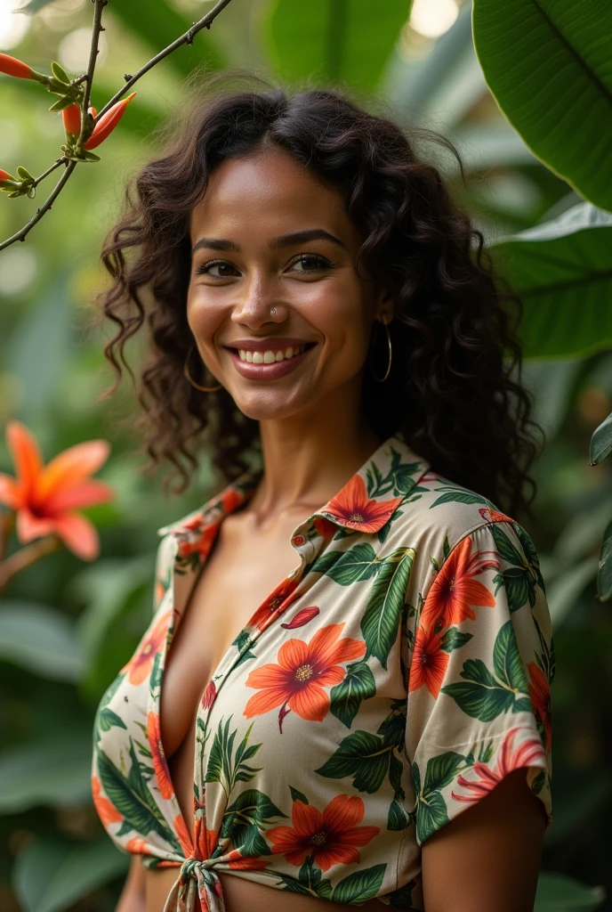 A Brazilian woman in a lush tropical garden, wearing an open shirt with a floral print, with a close-up capturing the harmonious beauty between her breasts and the natural flowers, showing off your natural charm and outgoing personality.