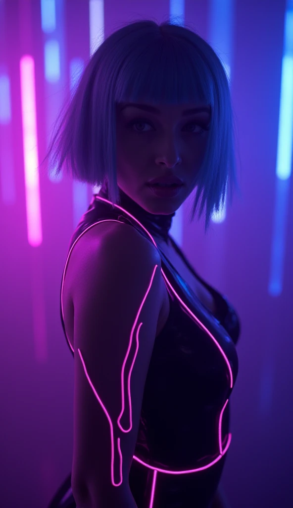 in the neon light、Blonde woman taking a photo in a neon room, Neon lights on the background, Futuristic Neon, neon cyberpunk style, With neon lights, neon digital art, Cyberpunk Style, Cyberpunk art style, Neon Operator Margot Robbie, Neon lighting cyberpunk, Neon lights on the background, 3D neon art of female body, Bright Cyberpunk Glow, neon cyberpunk