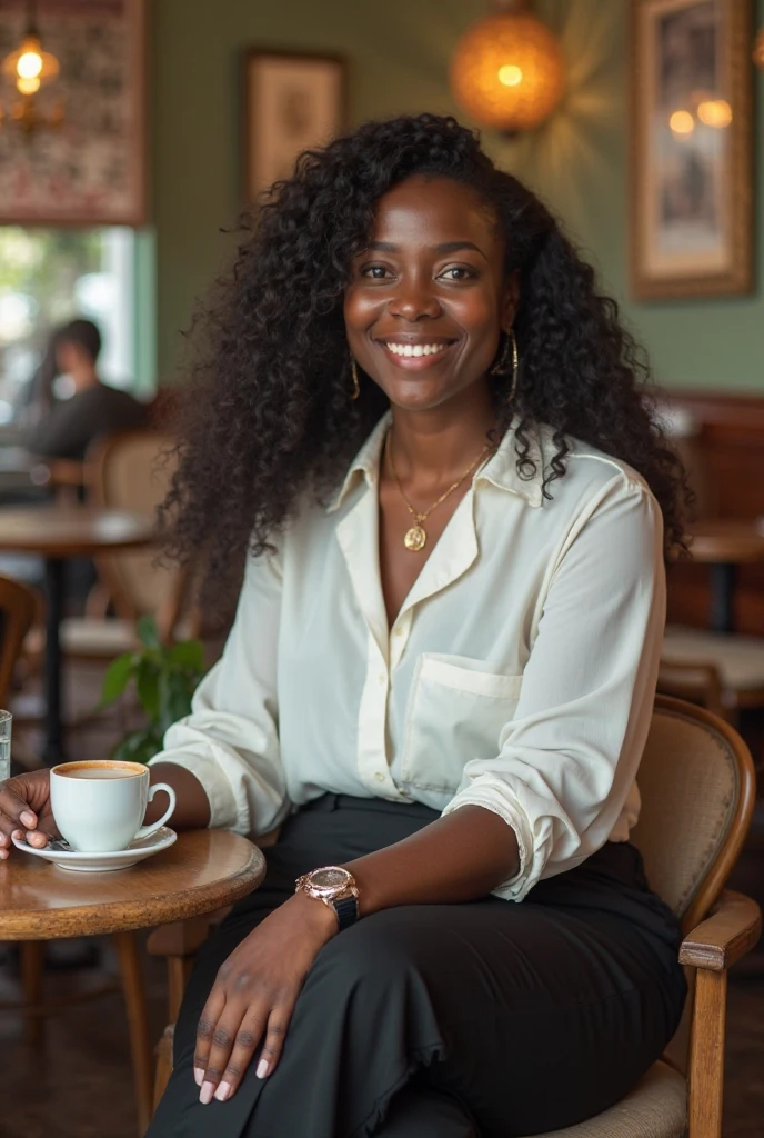 Free photo happy young African woman holding notebooks and coffee.