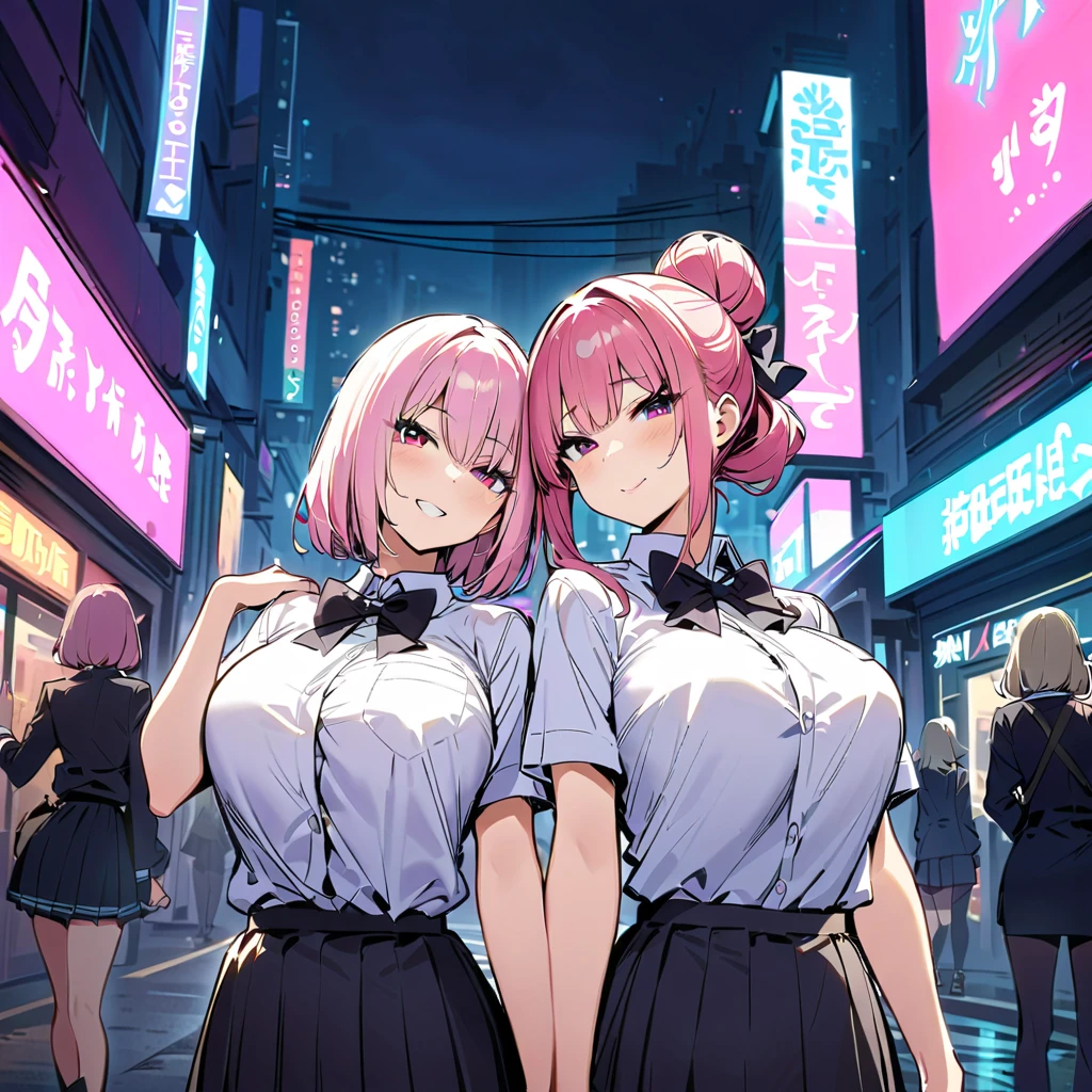 ((masterpiece,Highest quality:1.3,best quality illustration)),cowboy shot,1woman,16-year-old Japan beauty,((very small head:1.4)),short bob hair,bangs,(pink hair),brown eyes,gorgeous eyes,blush,smile,medium breasts,((very long body)),(School uniform,Navy blue blazer、Red tie、White Shirt、Navy blue pleated mini skirt),(toned body,slender body,skinny),gleaming skin,shiny skin,oily skin,standing,Shibuya Station、Tokyo