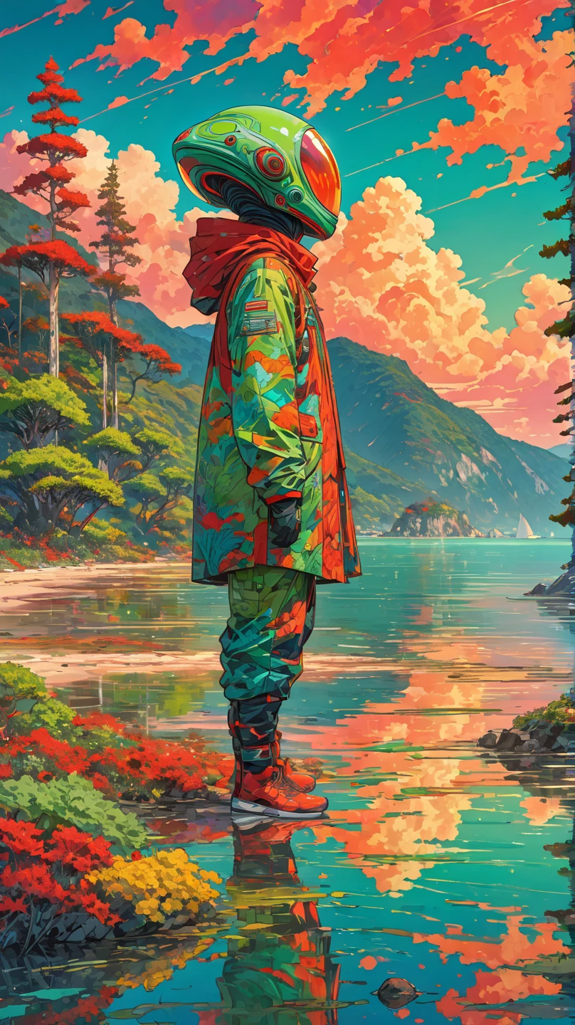  colorful sketch , obra-prima, Cores vivas, alien planet, Strange and colorful vegetation, long trees, Greenish sky with red clouds, seaside mountains, depth of field costume,  image fill , reflected light, Meio-tom, 