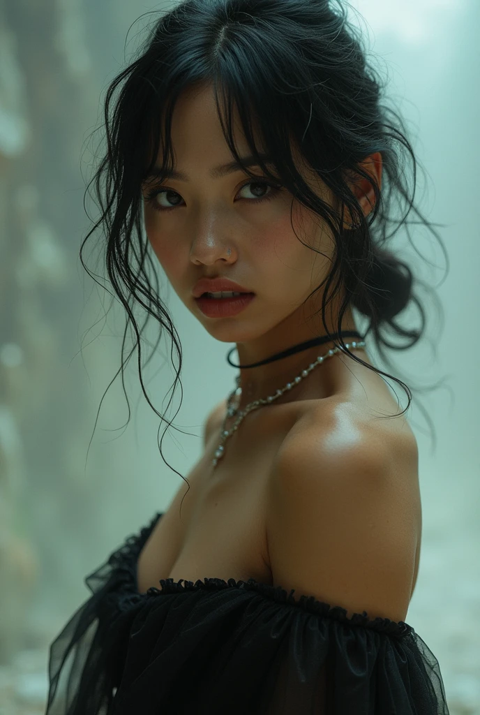 night scene, dark, a stunning photo with beautiful saturation by Emily Soto, pretty korean idol longhair woman, (mature:1.3), best quality, sultry, seductive, wet 