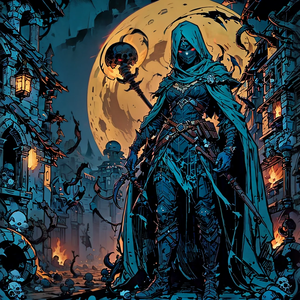 an angry skull mage with red eyes, only framed head