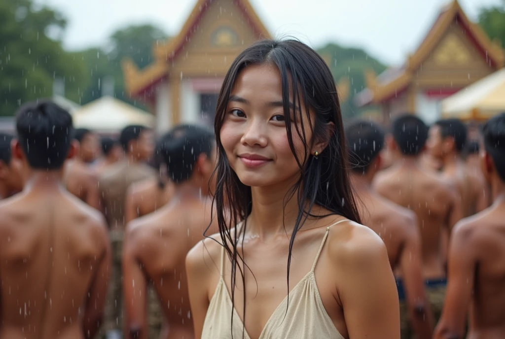 ((best quality)), ((masterpiece)), ((detailed body)), ((detailed hands)), ((highest resolution)), a twenty one year old very beautiful naked Javanese girl, very sweaty, thick hairy armpits, thick hairy vagina, totally naked, full body, six pack abs, athletic body, raising her hands high, she is not wearing any clothes, being touched by several men, at a wild party