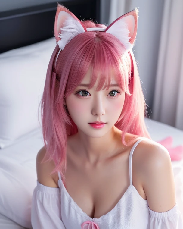 A lovely and sweet Chinese woman, Delicate and sexy collarbone, Attractive goose face, double eyelid, Clever pink eyes, Pink Lips, small, upturned nose, Exposing shoulders, Concentrated face, Face close-up, Ultra HD, Super Detail, Full body photo, Ultra-thin transparency, Pink Hair、Optimal ratio、Four fingers and a thumb, Cat ear、naked