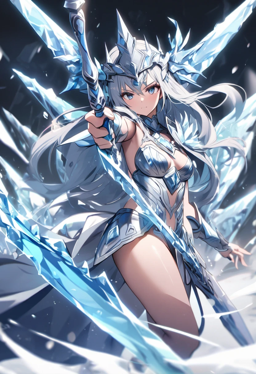 8k, unreal engine 5, ultra high quality, ultra detailed, ultra high resolution, ultra shapness, ice giantess, body made of ice, ice as skin, cinematic, solo focus perfect body proportions, detailed body, detailed fingers, ice body, full body, stand infront of mountain, frost silk attire, auora night sky, tiny humans running away from her in the background