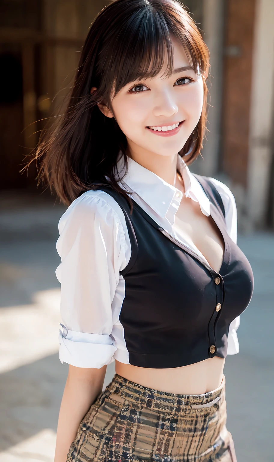 (8k, RAW photo, best quality, masterpiece:1.2), High detail RAW color photo, professional photograph, (realistic, photo realistic:1.37), (best quality:1.2), cinematic light, (finerly detailed face:1.2), (masterpiece:1.5), 1girl, solo, cowboy shot, (upper body:1.2), smiling, cleavage cutout, stand
BREAK
tweed mini skirt, tights, blouse
