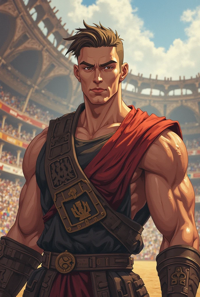 Mighty gladiator, chest uncovered, lower body revealed from thighs to feet, cascading long curls, detailed muscular physique, lifelike depiction, 4K resolution. Background: Colosseum during a spectacular sunset,32k uhd, best quality, masterpiece, super detail, high details
