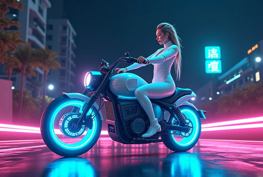  android girl, white suit,  breasts, big breasts, sitting on a phosphorescent neon electric bike, electric blue wheels, Neon road