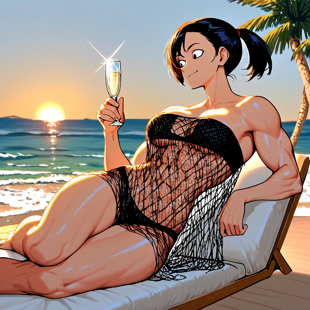 A black haired woman with orange eyes in a cute one piece is laying on a blanket at the beach