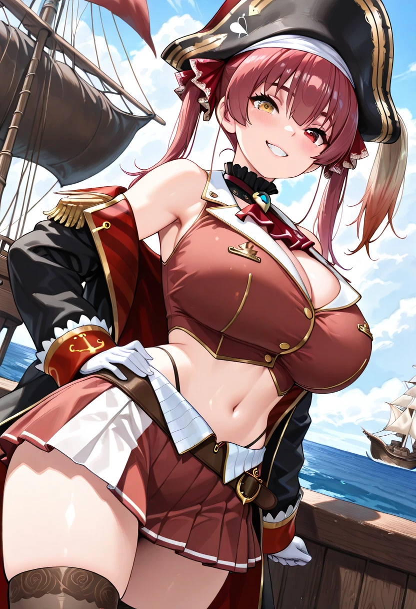 1girl, masterpiece,  best quality,  high quality, Marine, pirate, pirate hat, large breasts, mature woman,