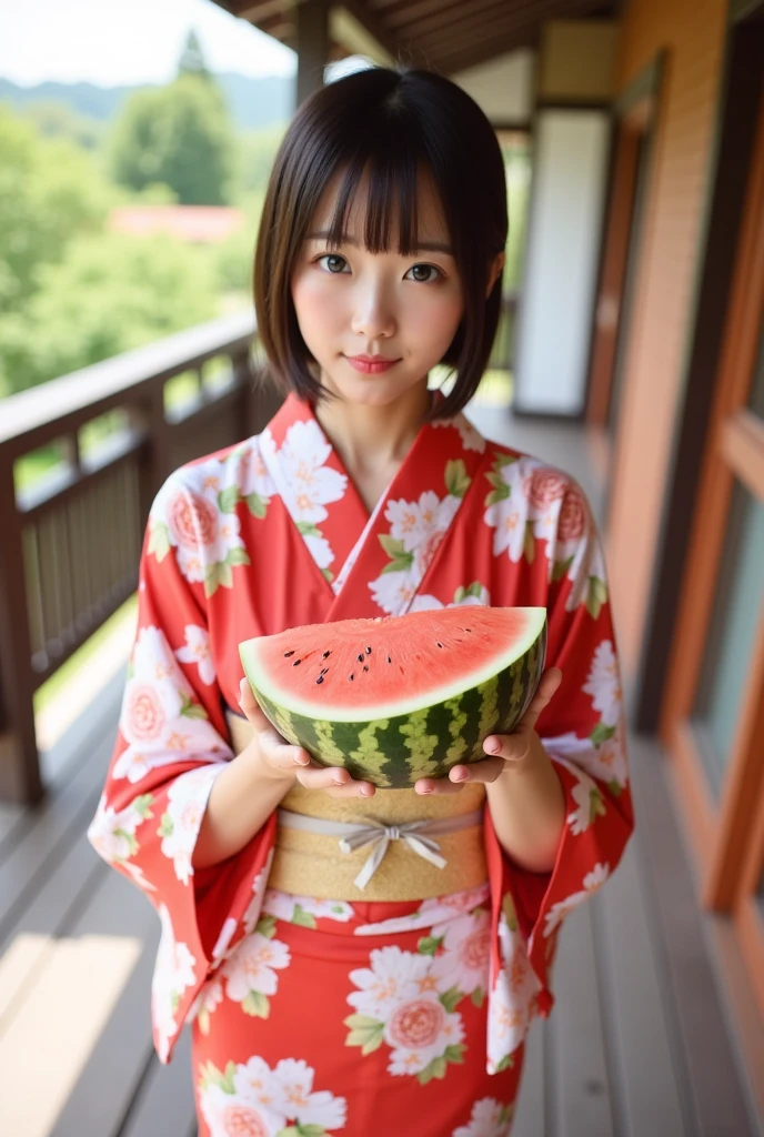 11 year old girl　Japanese　Light blue yukata　Realistic Skin　eating　桃