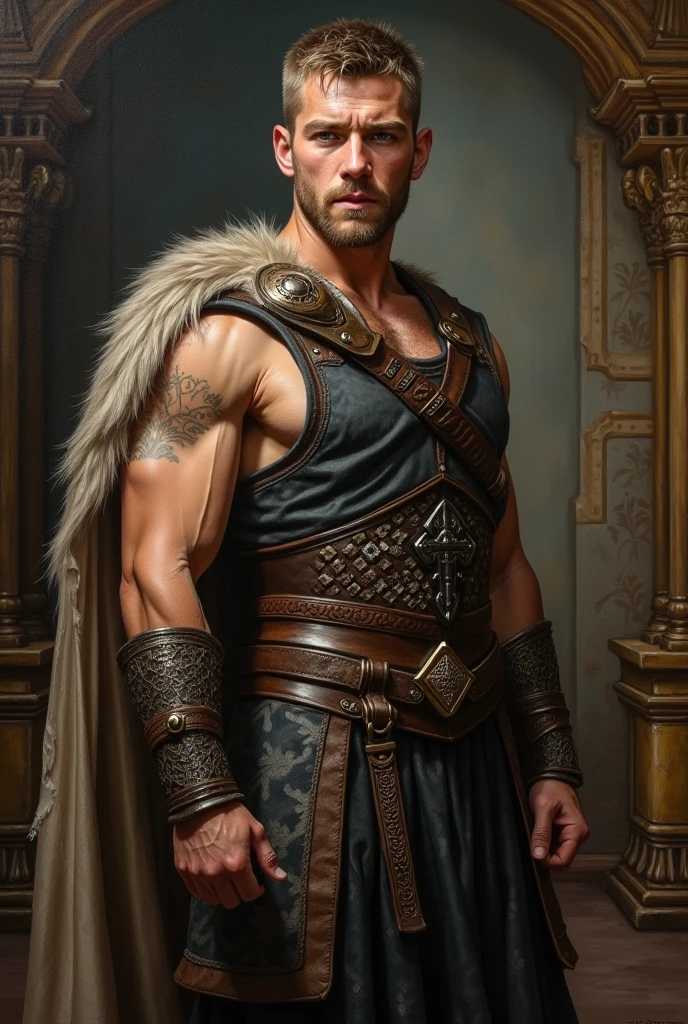 (photorealism:1.2), beautiful man, green eye, a bionic eye, redhead, shirtless, stocky,  armor pants, short straight hair, indoors, soft lighting, swords in the background, window with sunlight, iron maiden in the background, challenging pose, realistic, intricate details, warm colors, hot inquisitor.