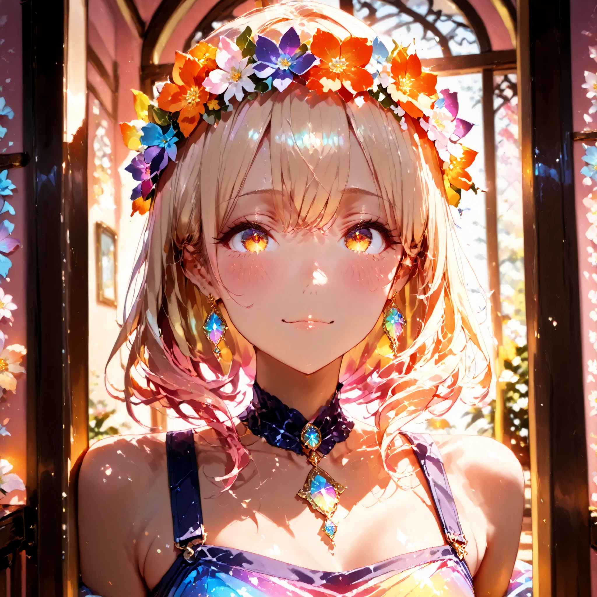 A young, light-skinned anime girl, likely a ager, is the central figure. She is positioned slightly off-center to the left side of the image. Her blonde hair is styled with gentle waves and adorned with a flower crown of various colors, including vibrant reds, pinks, oranges, and yellows. She is wearing light-colored, iridescent clothing with delicate floral details. Delicate, colorful, gemstone-like earrings hang from her ears. She has large, expressive eyes with vibrant colors swirling within them, a soft, rosy blush on her cheeks, and a gentle, slightly shy expression. Her body type is slender and petite. The girl is facing the viewer, looking directly at the camera. The background features a blurred backdrop of more flowers, in shades of pink, purple, and orange, and a doorway with a light, golden glow highlighting it. The composition is focused on the girl's face and upper body. Soft, diffused lighting bathes the scene in a warm, gentle glow. The colors are vibrant and pastel-toned, creating a visually pleasing, almost dreamlike aesthetic. The style is anime, with exaggerated features and a soft, painterly quality. The overall impression is of a sweet, peaceful, and floral-inspired scene.