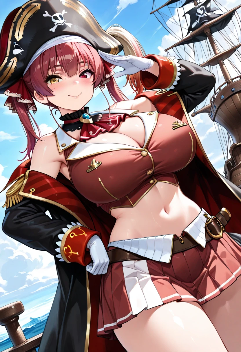 1girl, masterpiece, best quality, high quality, Marine, pirate, pirate hat, large breasts, mature woman,