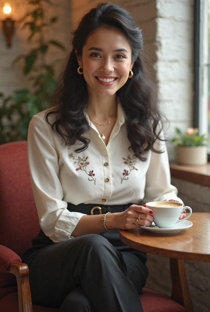 Masterpiece, cute girl, 49 year old, Old, headshot, brown skin, Filipina, Brown curly hair, standing, full body, Highest quality, Ultra realistic, Instagram picture, smile, in a cafe, wearing a floral shirt, eyeglass