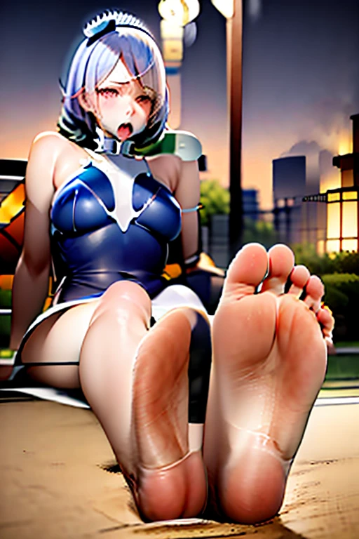 A Female robot exposes her inside mechanical organ. spread legs, banzai pose. she wears beige dress. Her Brown very short pigtails is tied with two big red clothespins, masterpiece, mature, android, blue eyes, full body, Height: 160cm, flushed cheeks, Uplifting, No NSFW, whole body, barefoot, archaic smile, orgasm, sweat bucket.  no panties, full body shot, floating hair, looking away. cyborg made from rung to heaven. She leans arching her back hi-res position. kiss.