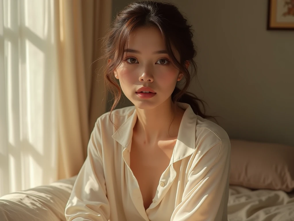8k, Best quality, masterpiece, ultra high res, (photorealistic:1.7), raw photo, 1girl, in the dark, deep shadow, low key, cold light, extremely beautiful face, messy hair, silk pajamas, eyes closed, sleeping relaxed, laying on bed, mouth slightly open a little, bit jaw slightly up, full body,