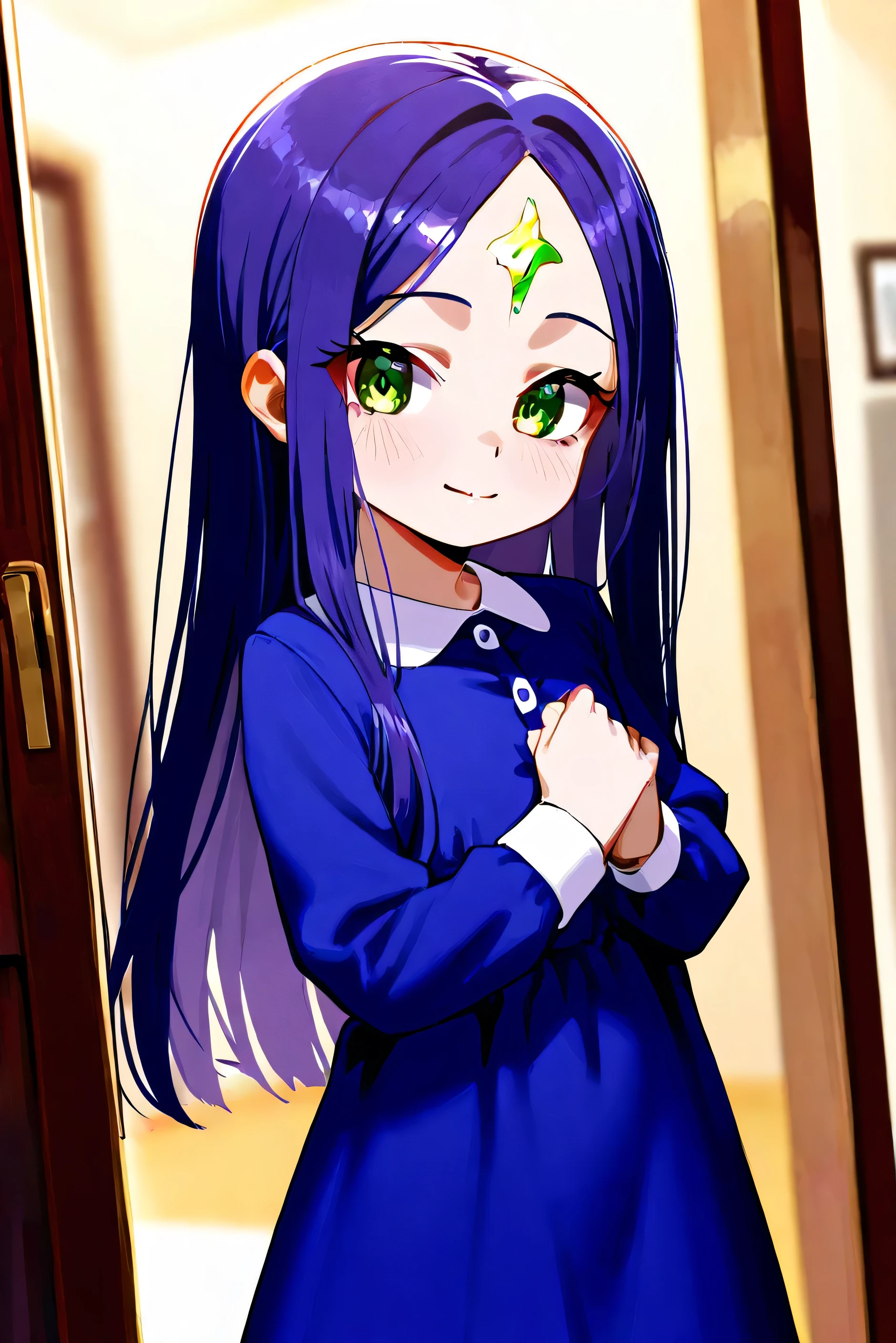  Gold　Forehead　　Blue dress　spring　 straight hair　Young lady　Idiot