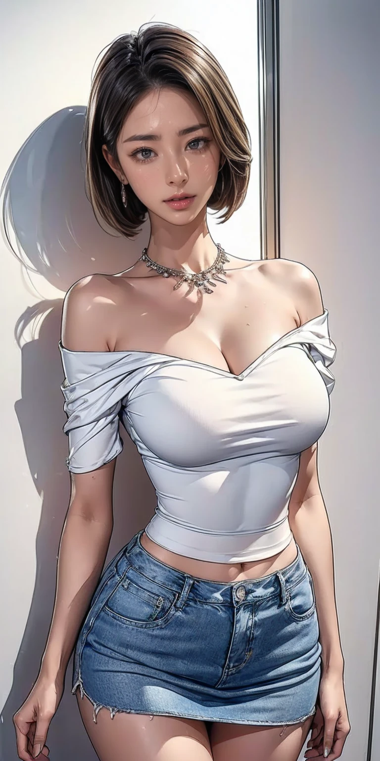 (Highest quality, 8k, 32K, masterpiece, Ultra-high resolution:1.2),Beautiful Japanese Women Photos, Large Breasts, Very short bob hair,Upper Body,(Extra Large_sweater,:1.1) necklace, Simple Background, Look around、Sexy proportions、Erotic female body
