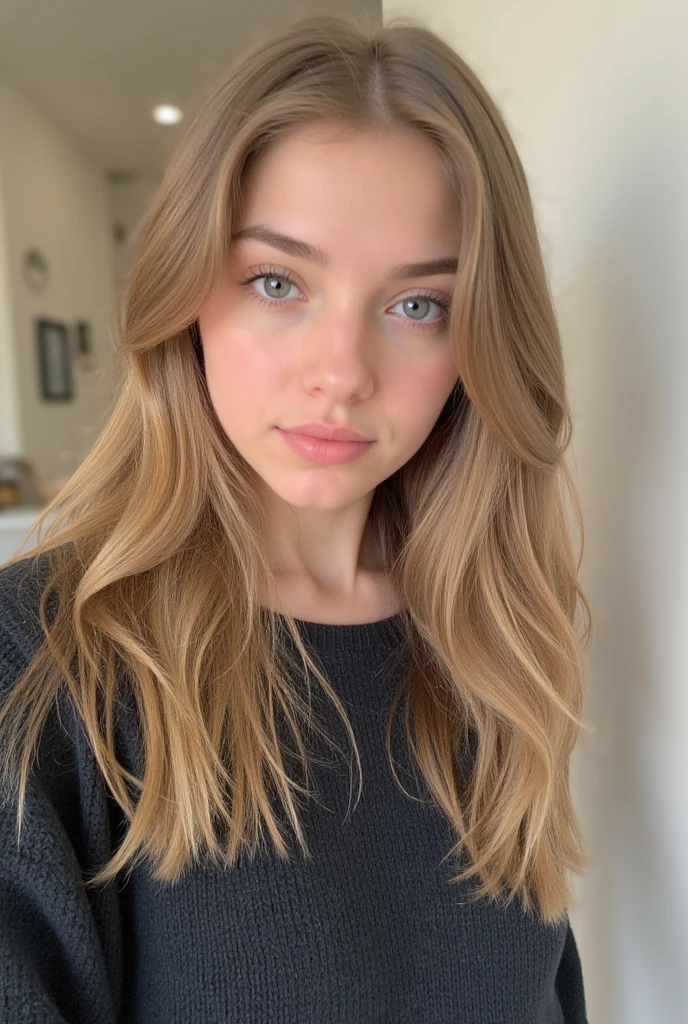 1Girl 18 years old, nur, Lange Haare, midsize boobs, Blick auf den Betrachter, blondes Haar, nackte Schultern, braune Augen, Schmuck, full entire body, Halskette, schulterfrei, pullover, lips, realistisch, Nase, Flirten mit der Kamera
