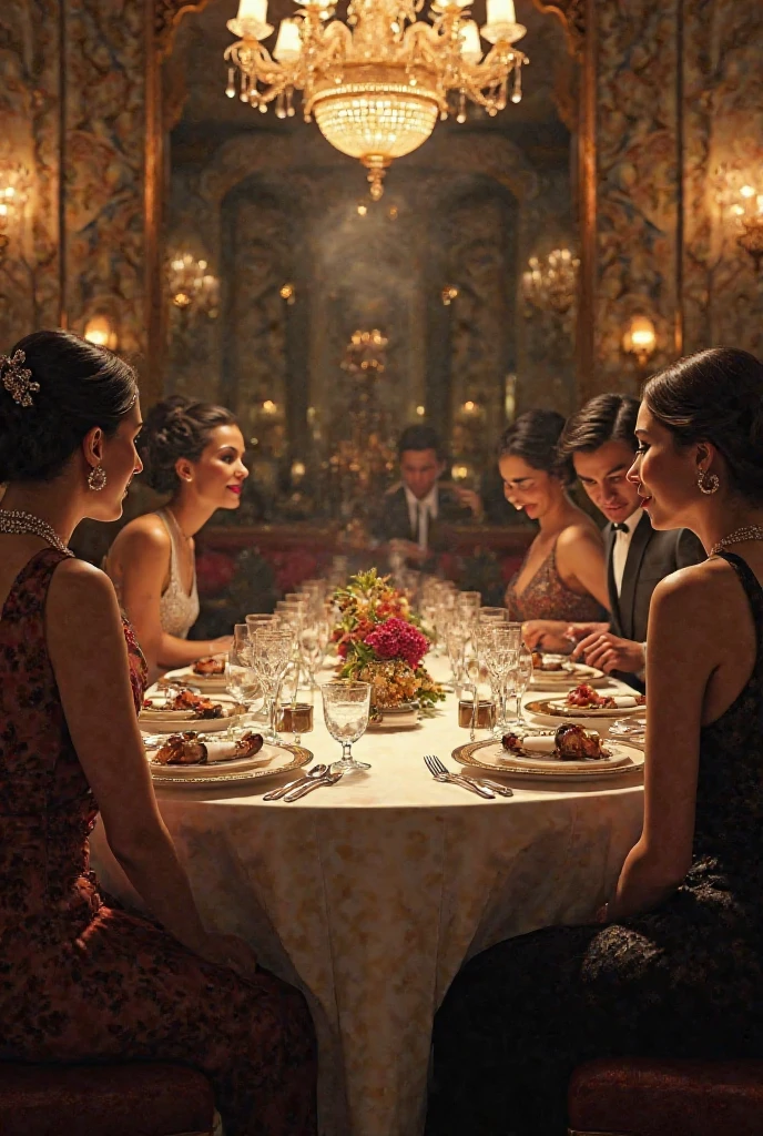 A photorealistic 4K cinematic image capturing a Dolce & Gabbana-inspired photoshoot set in a surreal, futuristic Italian landscape. The scene combines opulent Italian style with cyber-futuristic elements, against a backdrop that blurs the line between reality and fantasy.

The models, a group of strikingly attractive men and women, are dressed in high-fashion outfits featuring rich patterns, intricate embroidery, and bold colors. Their attire is enhanced with futuristic fabrics, metallic accents, and glowing accessories. One woman wears a dramatic gown with gold filigree patterns that pulse with light, her hair adorned with digital roses that glow softly. A man beside her dons a sharply tailored suit with holographic lapels.

The setting is a surreal Italian piazza, where classic architecture meets futuristic design. The ground is a mosaic of digital tiles, reflecting light in dazzling patterns. A lavish table is set with traditional Italian dishes, each with a surreal twist, like glowing pasta and levitating pizza slices, adding a sense of otherworldly luxury.

Above, the sky is a deep twilight, with shifting stars that add to the cinematic atmosphere. Holographic sculptures of iconic Italian symbols float in the background, blending history with futurism. The models' expressions are intense and evocative, highlighted by dramatic lighting that adds depth and emotion.

The overall atmosphere is one of high drama, luxury, and surreal beauty, perfectly capturing a futuristic Dolce & Gabbana-inspired world.

[Lighting: Dramatic twilight with cinematic highlights] [Camera: Wide-angle group shot focused on expressions and details] [Resolution: 4k, hyper-realistic] [Style: Dolce & Gabbana high fashion, surreal Italian futurism, cinematic drama] [Inspiration: Italian luxury, Cyberpunk elements, Surrealism].
