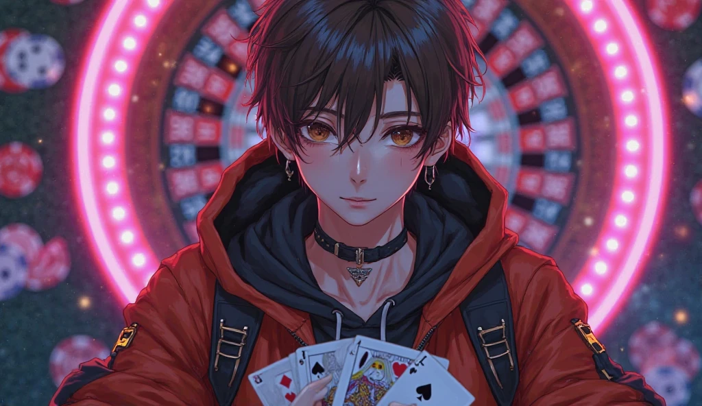 short black hair boy holding a poker card in his hand with his fingers. serious look smiling and determined.