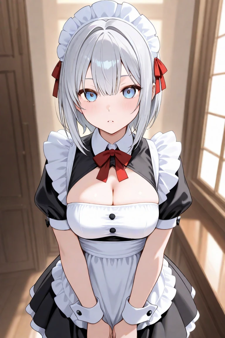 1 girl, White-purple hair, alone, chest, looking at the viewer, blush, short hair, open your mouth, blue eyes, Thighhighs, dress, cleavage, medium chest, short sleeve, frills, choker, puffy sleeves, black Thighhighs, apron, puffy short sleeve, zettai ryouiki, wrist cuffs, maid, maid headdress, white apron, maid apron