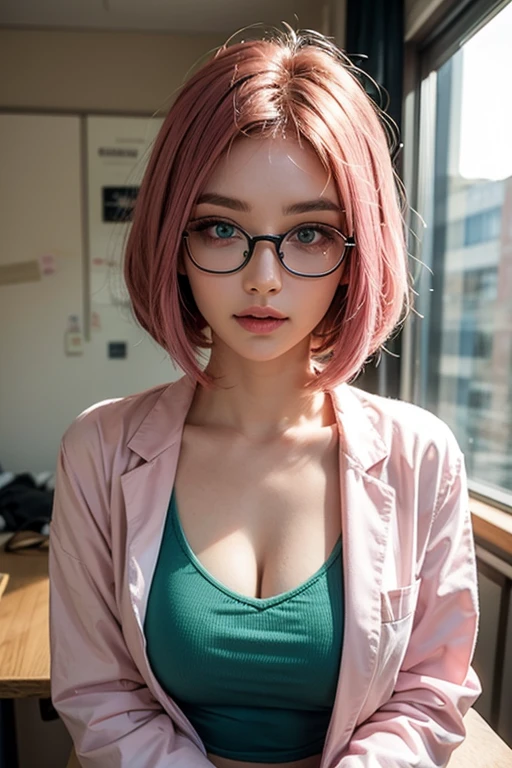 16-year-old woman, streaked hair, Beautiful hairstyle, transparent thin frame glasses, thinking face, ssmile (Wear button-down shirts, Large breasts), sitting down, Learn, intermittently, lying on the table, get a pencil, opened book, glass of milk, table light, intermittently, In the library, Wall decoration, Mini library, glass window, wall clock, intermittently, 电影灯光, realistically, tmasterpiece, Best quality at best, Complex CG, The face is very detailed, High detail eyes, There is milky white liquid flowing on the surface of the chest skin, drill hair, pink hair