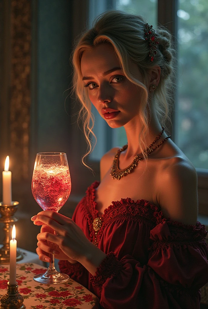 make a young woman with long white hair, purple eyes, she is very beautiful and sexy, she is holding a glass of vineyard in his hands.
She is in a medieval room, wearing period clothing, but sexier.