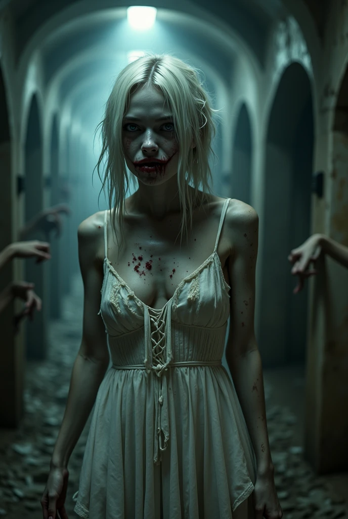 (Spooky hospital room in the midnight, closed curtains), outfit: wearing white bandages only, (whole hospital room shot), ( show shaved realistic armpits with squat pose), ((in the abandoned, shabby messy hospital room, scatter blood all over the room)), ultrahighres , Best Quality, 32k, masterpiece, (portrait), 1 female, (Full Body Shot), ((Wrapping your whole body with a white bandage like Mummy)), disclosed ultra huge cleavage, Spilling ultra huge breast from white bandages, exposed chest,