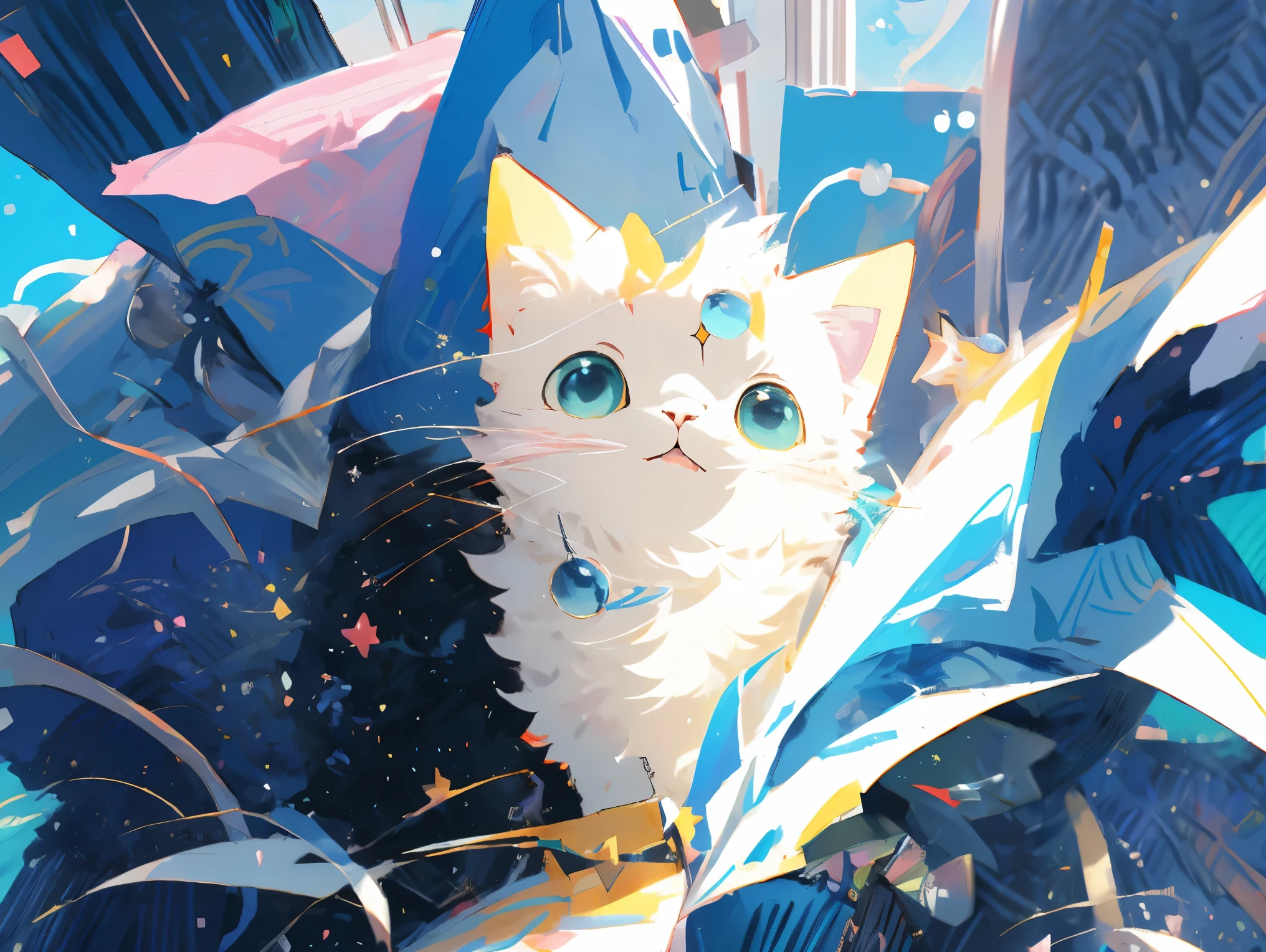 Anime cat, cat in a spacesuit, cat in space, full body, entire body, wide angle, long shot, full shot, background visible, Conquer the Universe, cat artificial satellite, full shot, big Jupiter