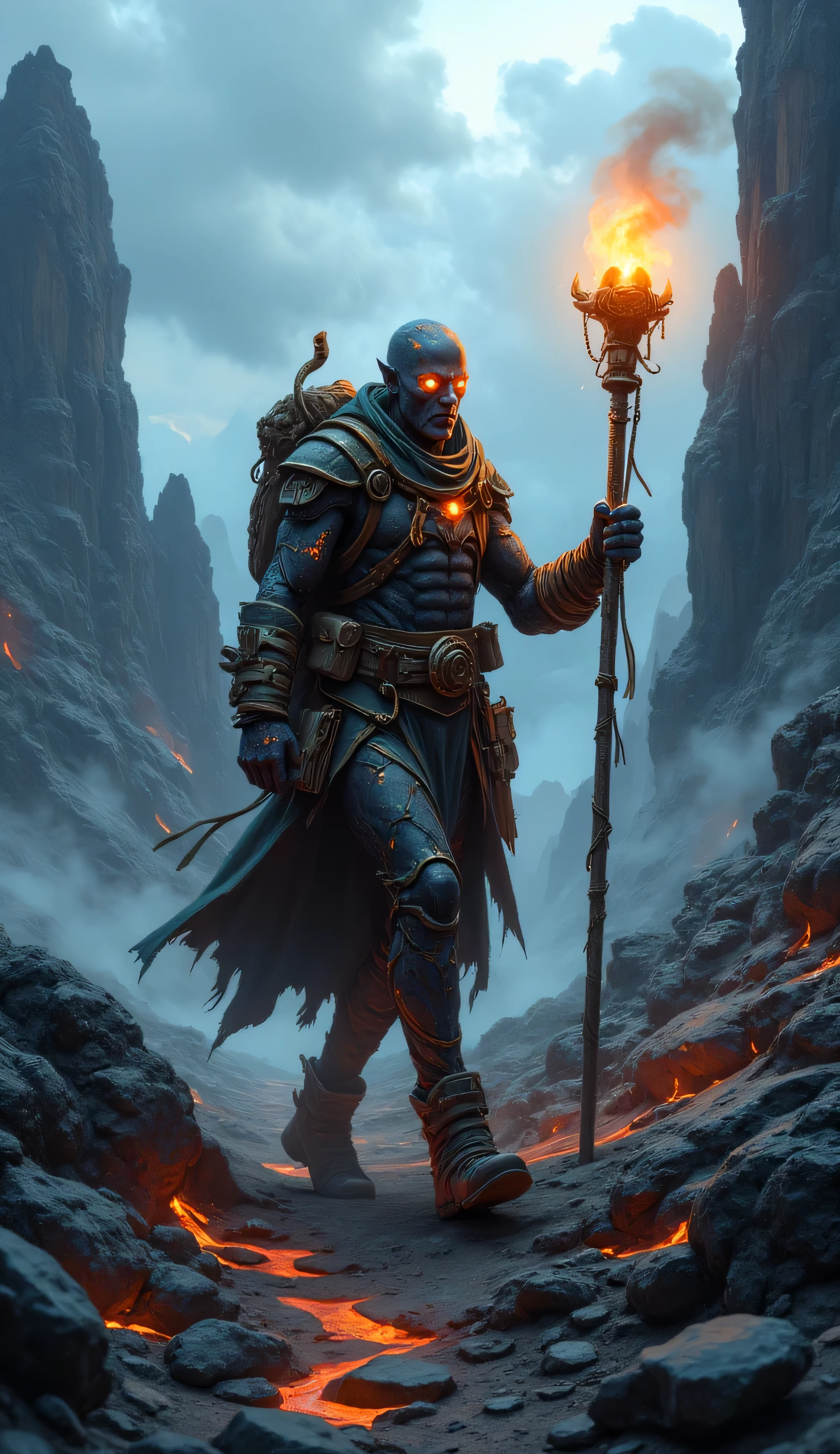 fantasy-inspired humanoid male character, Magma Genasi, hiking, through a rugged mountain landscape, rocky peaks, ancient cliffs, molten rock skin, a mixture of dark volcanic stone with glowing cracks of lava, ember shine eyes, faint wisps of smoke rise from body, practical but weathered hiking gear, heat-resistant boots, reinforced cloak, magical walking staff that glows faintly at the tip, ground slightly scorches where his step, leaving behind steaming footprints, sky is overcast, dramatic clouds casting shadows over the jagged terrain, raw natural beauty, supernatural power, fantasy landscape with realistic textures, inspired by volcanic terrain and ancient highlands