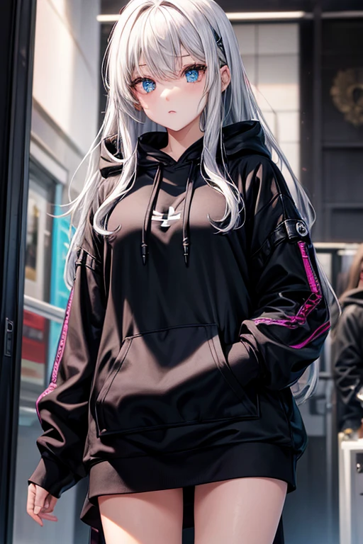 The image is an illustration of a character with an anime style design. The character is standing in an indoor environment, probably a hallway or a room, con una puerta cerrada visible en el fondo. Tiene el pelo oscuro flequillo recto que le cubre los ojos, and is wearing a dark sweatshirt with some type of design on the chest that is not completely visible. The sweatshirt is oversized, llegando hasta sus muslos superiores. She also wears fishnet stockings, y su postura sugiere una actitud casual o indiferente. The character's expression is not visible because his hair covers his eyes, which adds a sense of mystery or detachment to their behavior. The overall tone of the image is static and contains no action, focusing on the character's appearance and style.