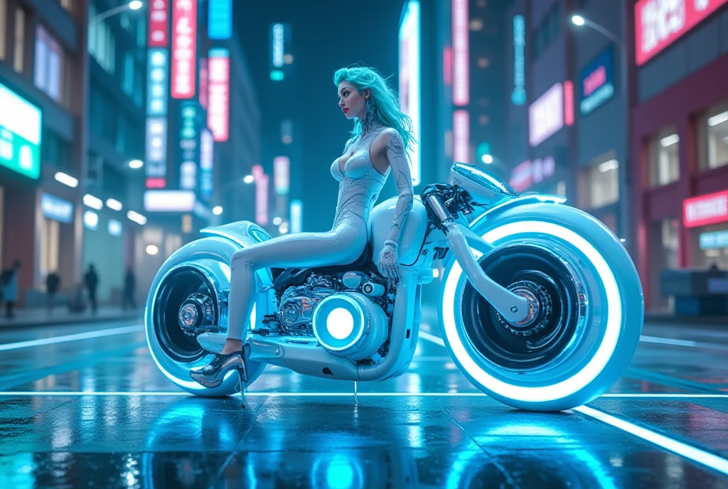  android girl, shiny white suit, pale skin, Bright blue hair,  , , Sitting on a phosphorescent neon white electric motorcycle, wheels phosphorescent electric blue, Neon road futuristic city, floor of glass crystal 
