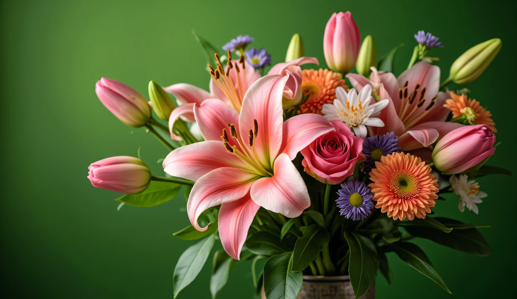 a bouquet of vibrant flowers,lush green background,ample copy space,professional photograph,ultra-detailed,high resolution,4k,hdr,studio lighting,vivid colors,natural lighting,soft focus,floral arrangement,roses,lilies,chrysanthemums,tulips,petals,stems,leaves,elegant,refined,sophisticated