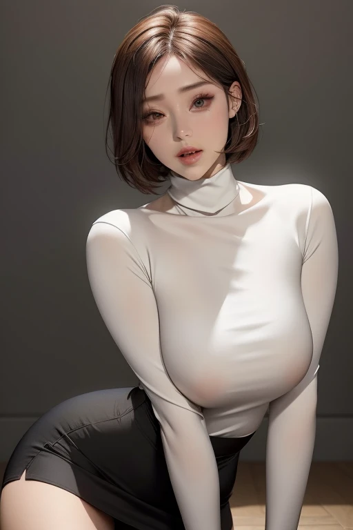 ((masterpiece, highest quality, Super detailed, Ultra-high resolution, Realistic, Cinematic)), ((Attractive Korean women, thick)), (Surrealism), (Medium Shot, from the front:1.4), Perfect body, Sexy Body, Perfect Face, Perfect hands, Fine hand, Delicate face, (bursting breasts), Long, round legs, (Wide Hips), (Long and colorful hair, Straight hair:1.3), (Wearing a high-necked sweater:1.5), (Wearing tight panties), (Sensual pose), (Gradient Background:1.3), Brown eyes, Detailed pupil, Bright red lips, Blushing, Slightly parted lipy chest is visible、Nipples are visible、