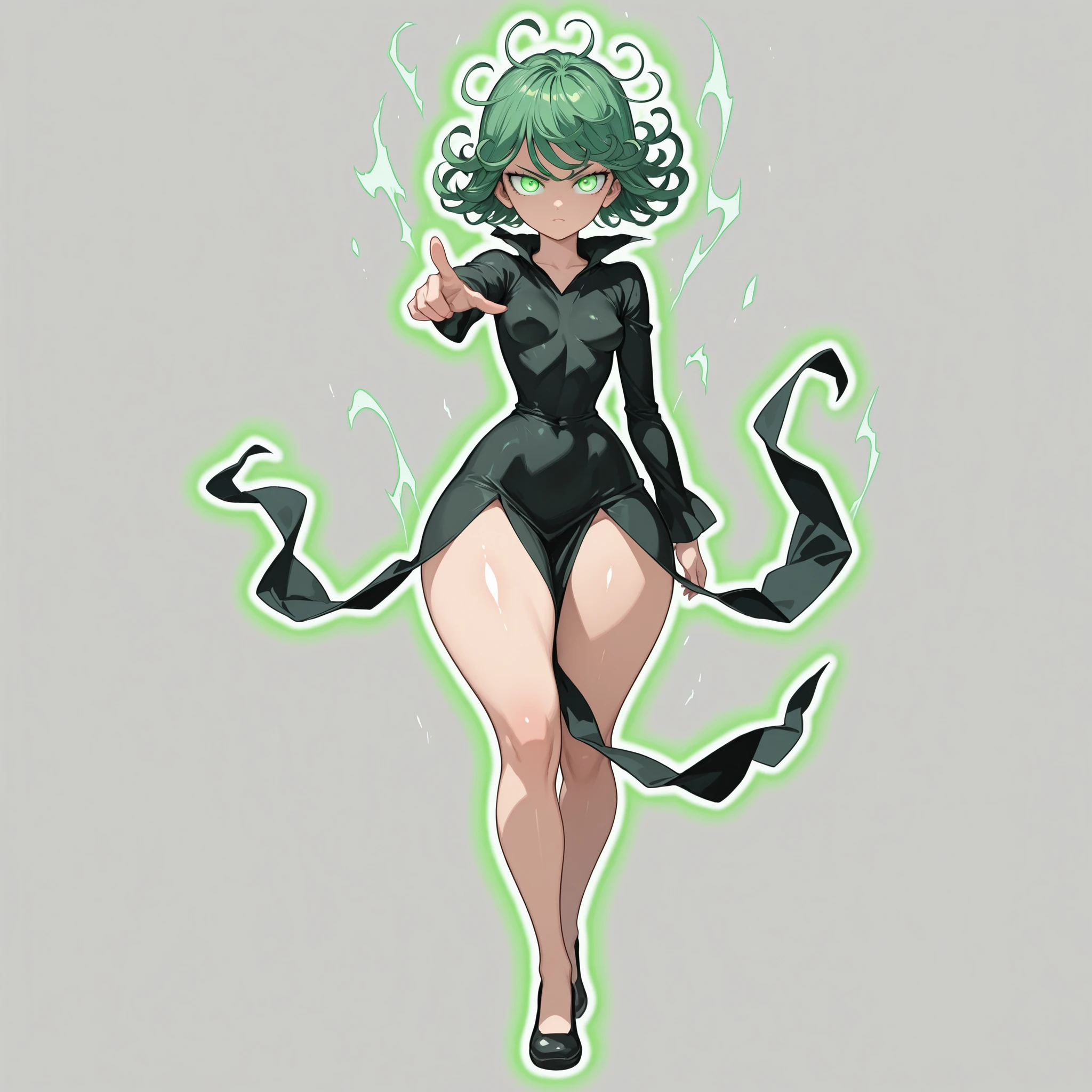 1girl, solo, Tatsumaki, short green hair, green eyes, tiny breasts, narrow waist, wide hips, thick thighs, black dress, serious, pointing at the viewer, aura, glowing eyes, energy, standing, full body, floating hair, levitating, flying, looking at viewer, simple background, from the front view, shiny skin, high res