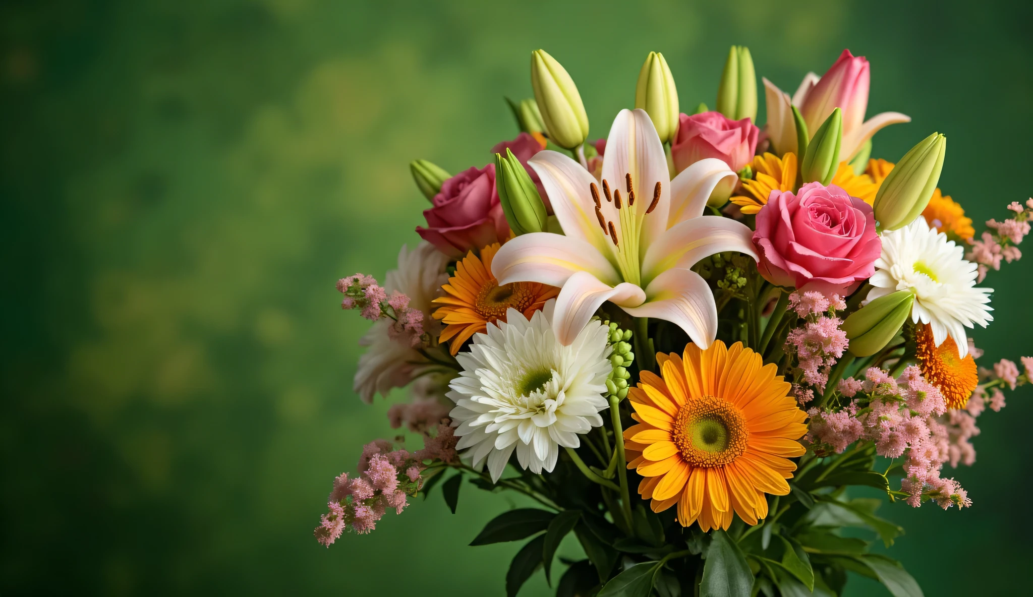 a bouquet of vibrant flowers,lush green background,ample copy space,professional photograph,ultra-detailed,high resolution,4k,hdr,studio lighting,vivid colors,natural lighting,soft focus,floral arrangement,roses,lilies,chrysanthemums,tulips,petals,stems,leaves,elegant,refined,sophisticated