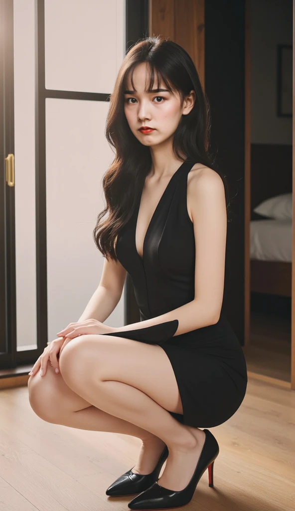 pretty Woman,Caucasian skin,straight black hair,Long black dress,brown socks,Room at the back. she is on the side.