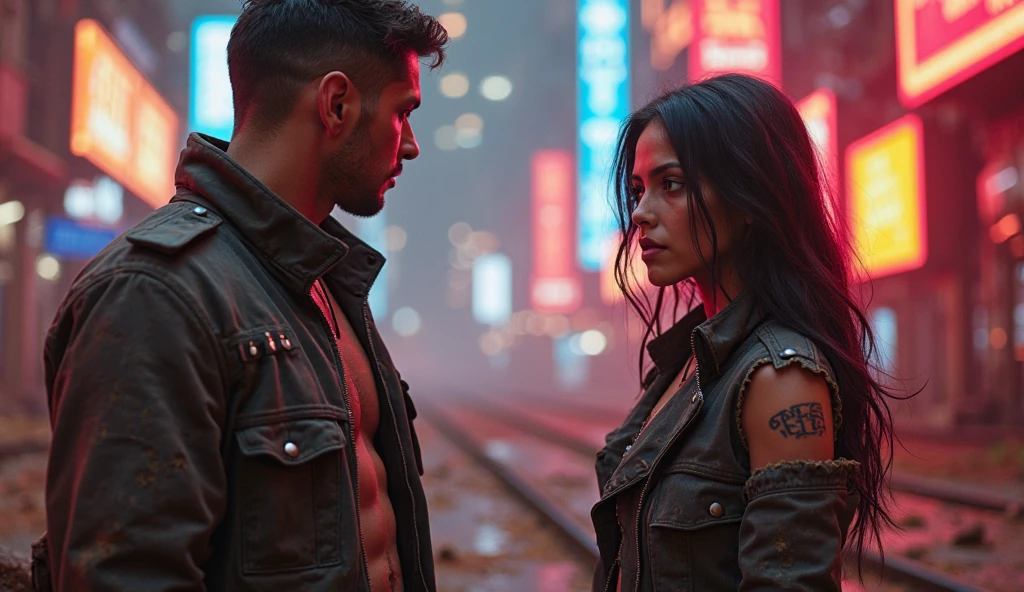 cyberpunk, um homem junto com uma namorada cyberpunk, beijos
