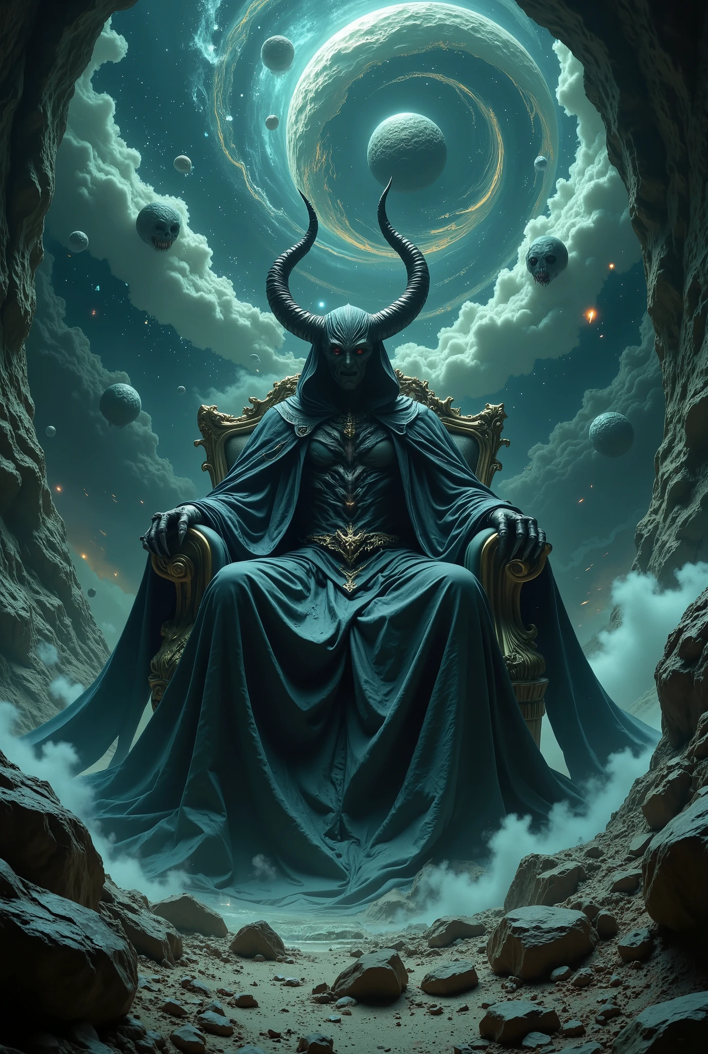 Mysterious Space Elements、Japanese Yokai Elements、super deailed, cinematic dynamic pose and 構図、dramatic, hell king cape gigantic chair, horror,